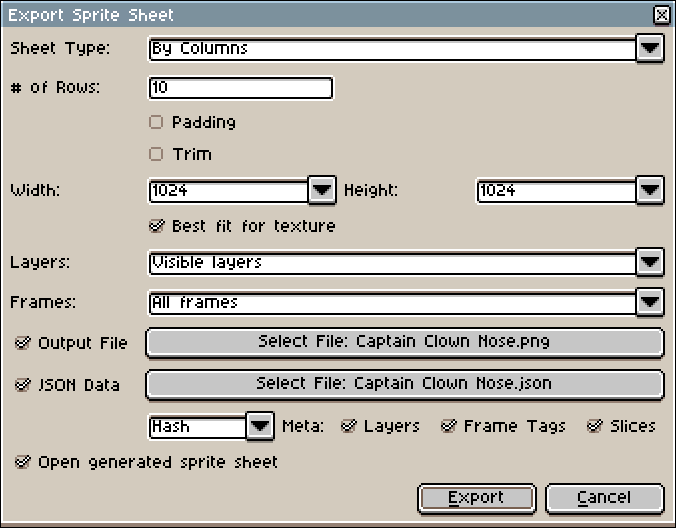 Aseprite export dialogue window